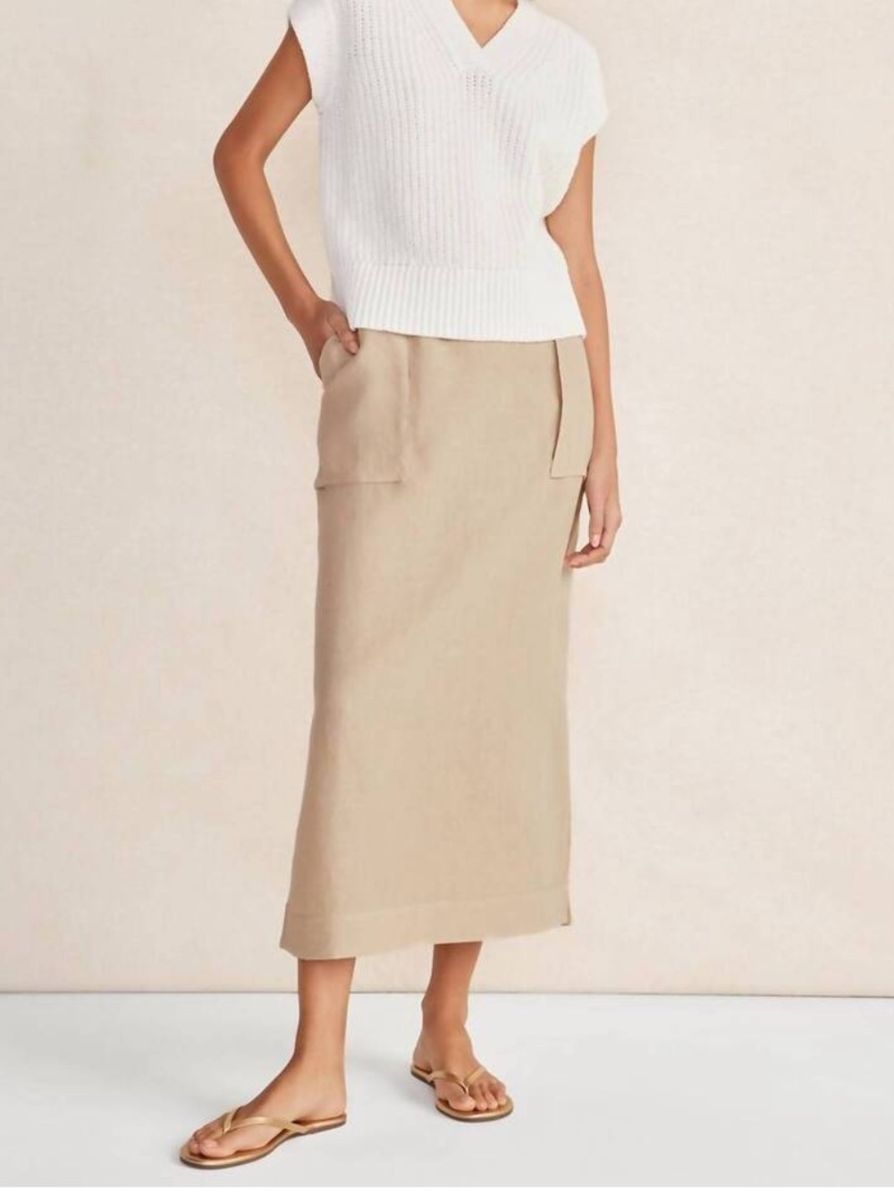 HAVEN WELL WITHIN linen cargo skirt in latte beige Midi Drawstring Waist Large
